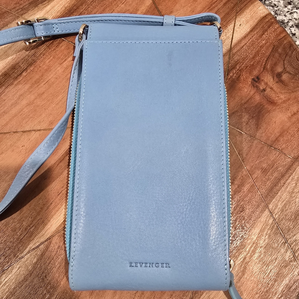 Levenger Light Blue Leather Crossbody Bag with Sleek Design